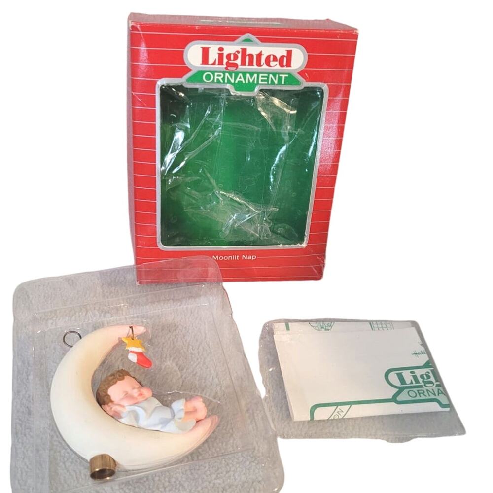 Vintage Hallmark Lighted Ornament Moonlit Nap Baby on Moon
